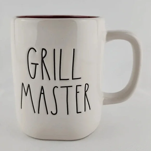 Rae Dunn White Ceramic Double Sided Mug Large Letters GRILL MASTER Red Interior - Picture 2 of 10